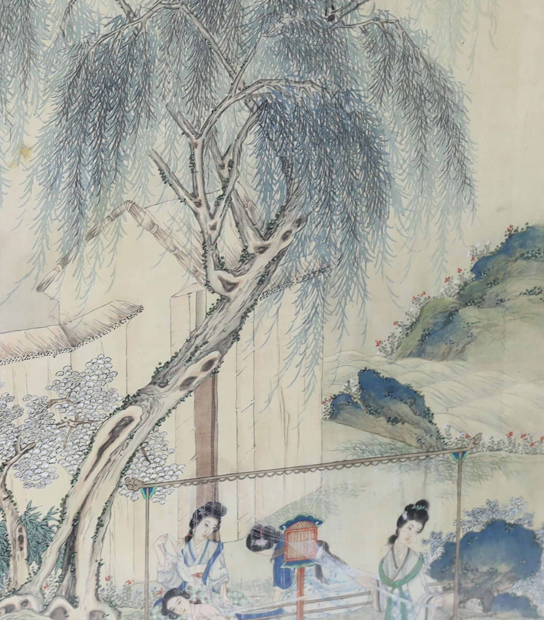 A pair of Chinese silk paintings of ladies in gardens, 19th century, Image 77cm x 41.5cm